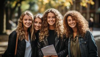 ai generato un' gruppo di giovane donne sorridente, godendo natura insieme generato di ai foto