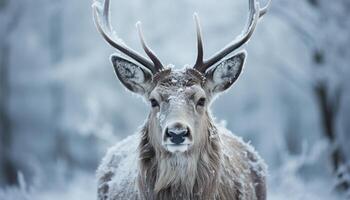 ai generato cervo nel inverno foresta, nevicando, guardare a telecamera, maestoso generato di ai foto