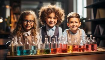 ai generato sorridente bambini nel laboratorio cappotti, apprendimento chimica, conduzione esperimenti generato di ai foto