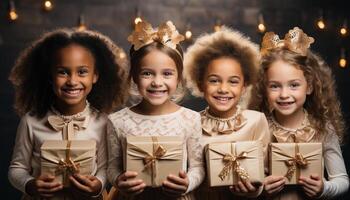 ai generato tre carino bambini sorridente, Tenere regalo, festeggiare compleanno insieme generato di ai foto