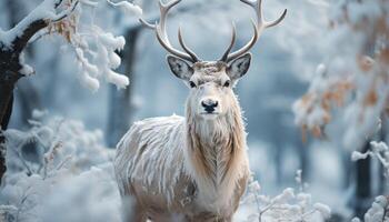 ai generato carino cervo nel nevoso foresta, guardare a telecamera con la tranquillità generato di ai foto