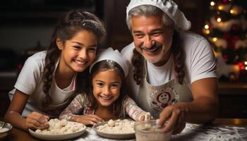 ai generato un' contento famiglia cottura al forno insieme, diffusione amore e gioia generato di ai foto