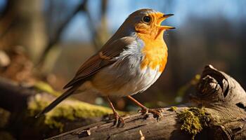 ai generato piccolo giallo uccello perching su ramo, cantando nel tranquillo foresta generato di ai foto