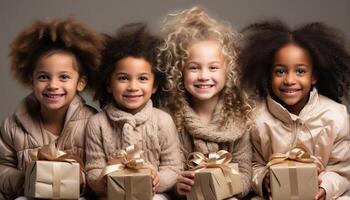 ai generato sorridente bambini Tenere i regali, festeggiare compleanno con gioia e felicità generato di ai foto