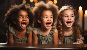 ai generato sorridente ragazze, allegro ragazzi, carino bambini giocando al chiuso, felicità generato di ai foto