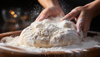 ai generato un' panettiere mano impasto Impasto su un' di legno tavolo generato di ai foto