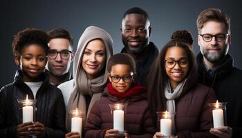 ai generato un' gioioso Multi etnico famiglia celebra amore, unità, e spiritualità generato di ai foto