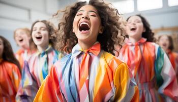 ai generato un' allegro gruppo di bambini ballare, festeggiare successo nel scuola generato di ai foto