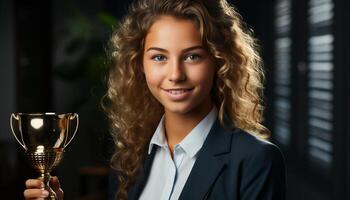 ai generato riuscito donna d'affari sorridente con fiducia, guardare a telecamera nel ufficio generato di ai foto