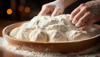 ai generato fatti in casa pane Impasto, mano impastato con amore, pronto per cottura al forno generato di ai foto