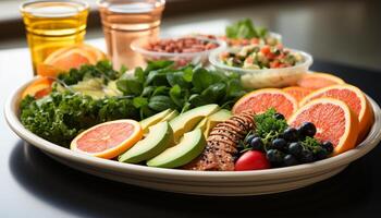 ai generato salutare mangiare fresco insalata, verdura e frutta pasto su piatto generato di ai foto