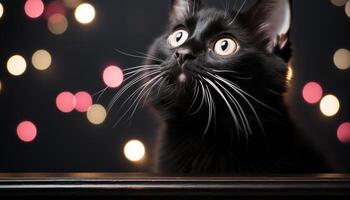 ai generato carino gattino fissando, illuminato di blu luce, giocoso e curioso generato di ai foto
