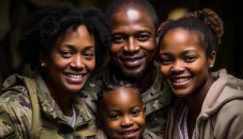 ai generato un' contento famiglia, sorridente e abbracciando, godendo natura insieme generato di ai foto