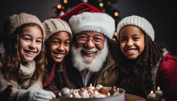 ai generato un' gioioso famiglia celebra Natale, sorridente e guardare a telecamera generato di ai foto