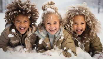 ai generato sorridente ragazze giocando nel neve, allegro inverno divertimento all'aperto generato di ai foto