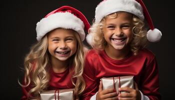 ai generato Due carino ragazze sorridente, festeggiare Natale con i regali e decorazioni generato di ai foto