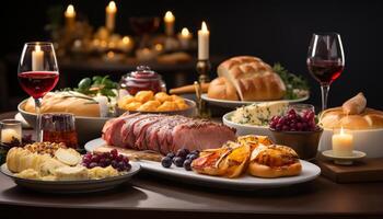 ai generato buongustaio pasto, vino, carne, pane, frutta celebrazione su tavolo generato di ai foto