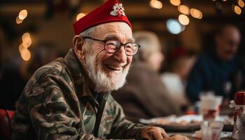 ai generato sorridente anziano uomini godendo Natale celebrazione, guardare a telecamera generato di ai foto