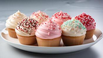 ai generato fatti in casa Cupcake con rosa glassatura, cioccolato decorazione, e fragola guarnizione generato di ai foto