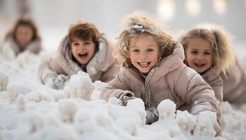 ai generato sorridente ragazze giocando nel il neve, allegro inverno divertimento insieme generato di ai foto