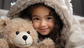 ai generato sorridente bambino abbraccia soffice orsacchiotto orso, radiante gioia e innocenza generato di ai foto