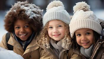 ai generato sorridente bambini giocando nel il neve, allegro inverno divertimento all'aperto generato di ai foto