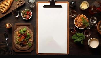 ai generato freschezza su legna tavolo salutare pasto, grigliato carne, verdura insalata generato di ai foto