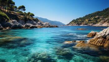 ai generato costa tranquillo scena turchese acqua, chiaro cielo, sabbioso spiaggia generato di ai foto