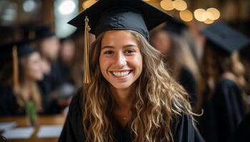 ai generato gruppo di giovane donne nel la laurea abiti celebrare successo insieme generato di ai foto