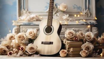 ai generato romantico musicista giocando acustico chitarra, circondato di rustico casa arredamento generato di ai foto