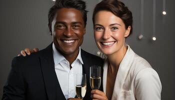 ai generato sorridente uomini e donne celebrare con Champagne, felicità e romanza generato di ai foto