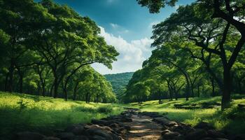 ai generato tranquillo prato, verde alberi, montagne riflettere nel calma acqua generato di ai foto