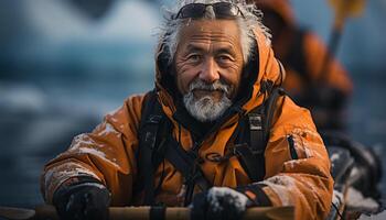 ai generato sorridente anziano uomo godendo inverno all'aperto, guardare a telecamera generato di ai foto