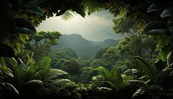 ai generato tropicale foresta pluviale, montagna picco, palma albero, tranquillo scena, tramonto generato di ai foto