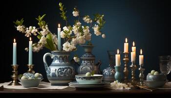 ai generato elegante lume di candela si illumina antico vaso, la creazione di un' romantico composizione generato di ai foto
