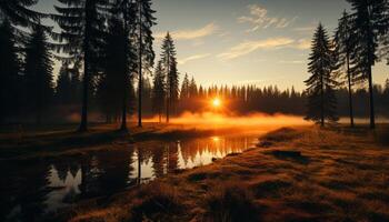 ai generato tranquillo tramonto, natura bellezza riflessa nel arancia montagna silhouette generato di ai foto