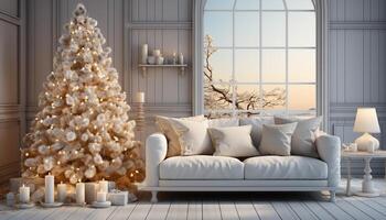 ai generato accogliente vivente camera con moderno decorazione, illuminato Natale albero generato di ai foto