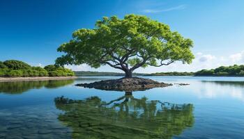 ai generato tranquillo scena blu cielo, verde prato, riflettendo nel tranquillo, calmo stagno generato di ai foto