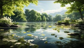 ai generato tranquillo scena verde foresta, albero, stagno riflettere bellezza nel natura generato di ai foto