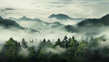 ai generato montagna picco nel nebbia, tranquillo scena, natura bellezza nel paesaggio generato di ai foto