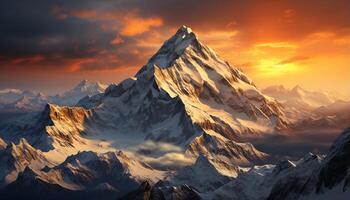 ai generato maestoso montagna picco, Innevato e mozzafiato, sotto drammatico autunno cielo generato di ai foto