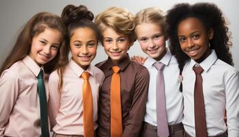 ai generato un' allegro gruppo di bambini nel scuola uniformi sorridente con fiducia generato di ai foto