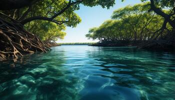 ai generato tranquillo scena blu onda riflette tropicale albero, sereno subacqueo bellezza generato di ai foto