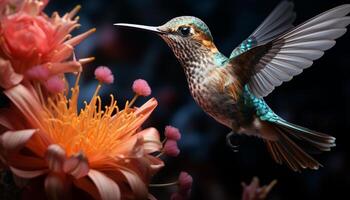 ai generato colibrì aleggia, si diffonde Ali, impollina fiore nel vivace natura generato di ai foto