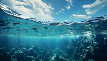 ai generato subacqueo blu natura, pesce nuoto in profondità nel trasparente acqua generato di ai foto