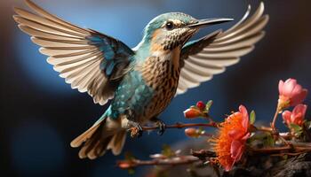 ai generato colibrì perching su ramo, diffusione Ali, bellezza nel natura generato di ai foto