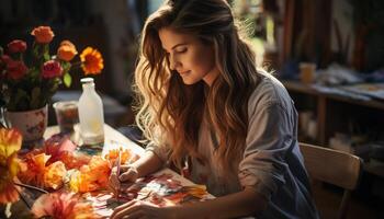 ai generato uno giovane donna seduta a tavolo, pittura con concentrazione generato di ai foto