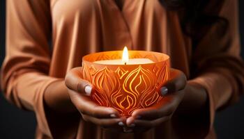 ai generato mano Tenere candela, Meditare nel tranquillo lume di candela, simboleggiante spiritualità generato di ai foto
