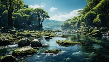 ai generato tranquillo scena verde paesaggio, fluente acqua, riflettendo autunno bellezza generato di ai foto