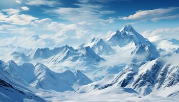 ai generato maestoso montagna picco, blu cielo, tranquillo scena, congelato bellezza generato di ai foto